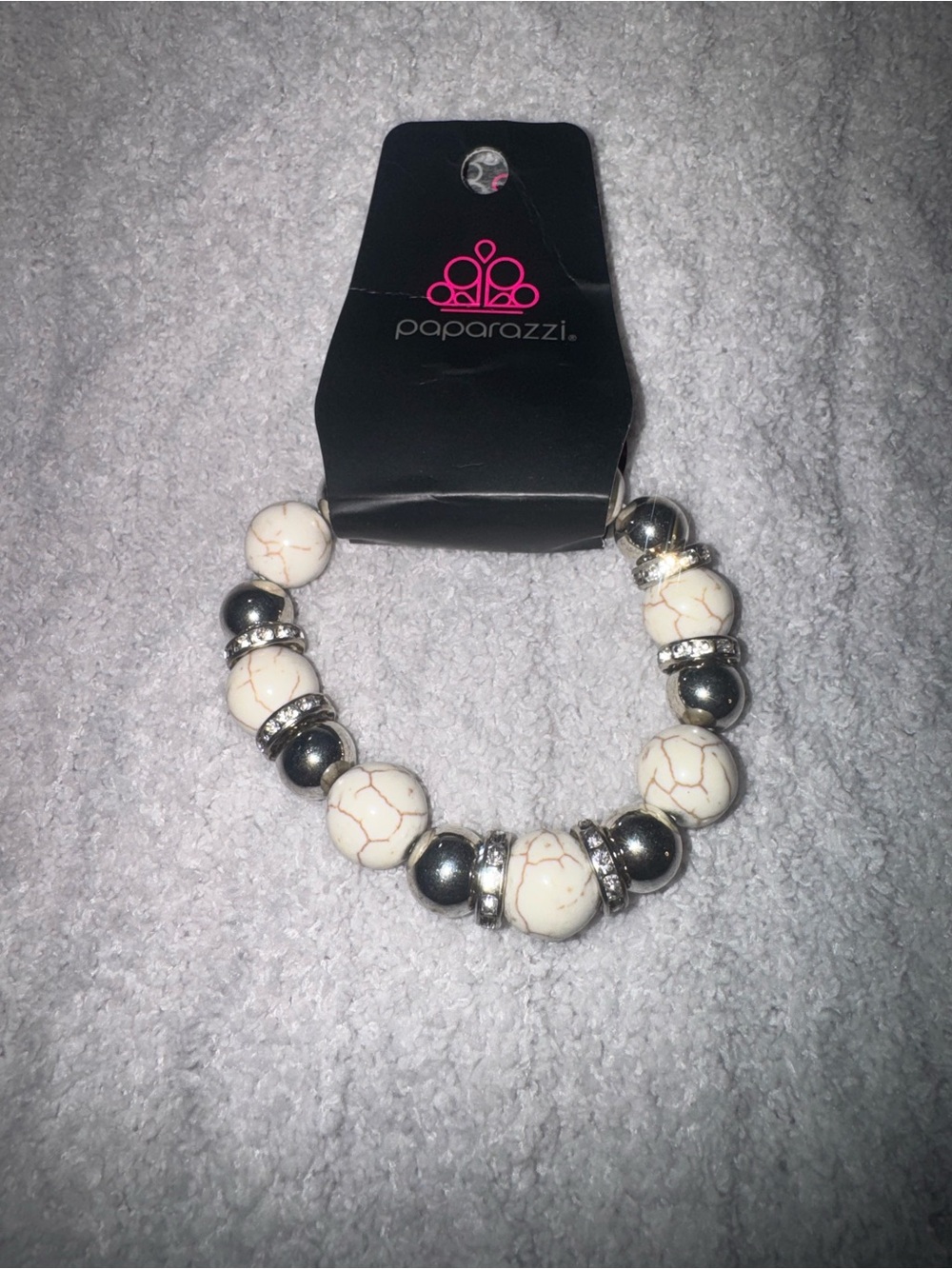 paparazzi White Crackled Stone & Silver Accent Stretch Bracelet NWOT
